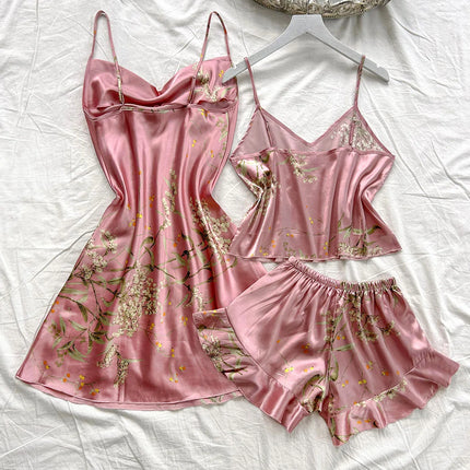Pigiama da donna con stampa ciliegia Abito allacciato alla moda sexy Set pigiama da donna in 3 pezzi