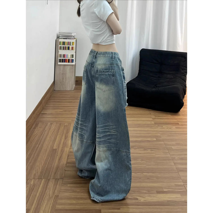 Jeans da donna stile americano vintage lavato con strappi, a gamba larga e dritta, vita alta, lunghezza maxi