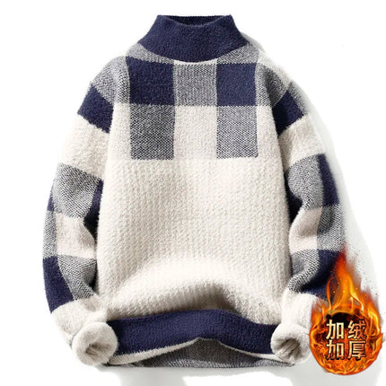 2023 Winter/Autumn Mink velvet High-Quality Fashion Trend Plaid Pattern Sweater Men Casual Loose Warm Sweaters Men Comfortable