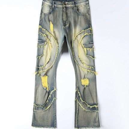 2025 New European and American men's casual jeans, street punk fashion, retro, ripped hole, slightly flared tassel elastic jeans PlatiNum