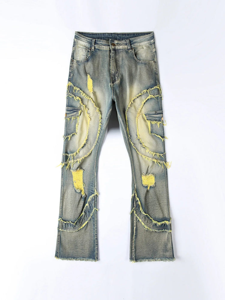 2025 New European and American men's casual jeans, street punk fashion, retro, ripped hole, slightly flared tassel elastic jeans PlatiNum