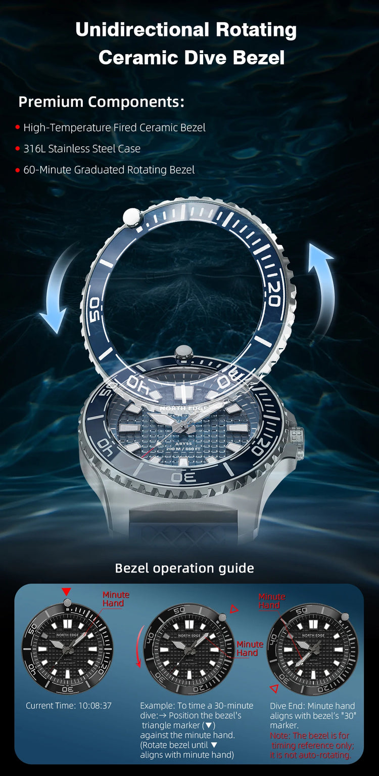 NORTH EDGE NEW Design ABYSS Solar Powered Dive Quartz Wristwatch 200M Waterproof Sports Diving Watch 316L Soft Strap Men Watches