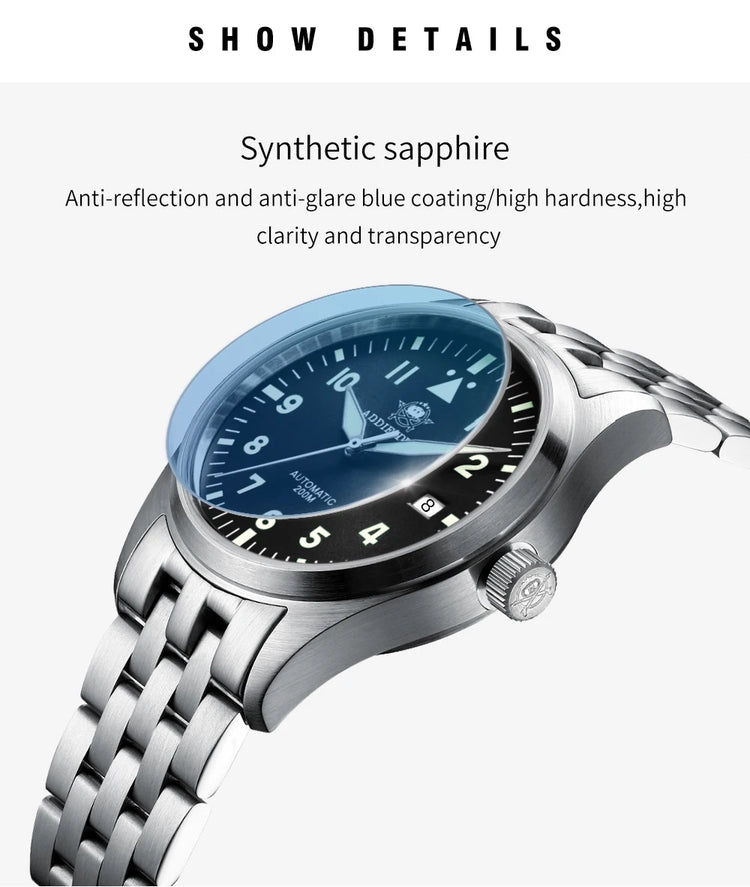 ADDIESDIVE Classic Men's watch Sapphire Automatic 8215 Stainless Steel Pilot watch Leather Luminous 200m Diving Dress Watch New