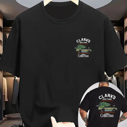 Men's Vintage Christmas Farm Graphic T-Shirt - White Short Sleeve Casual Shirt with Clark's Tree Farm & A Christmas Story Print PlatiNum