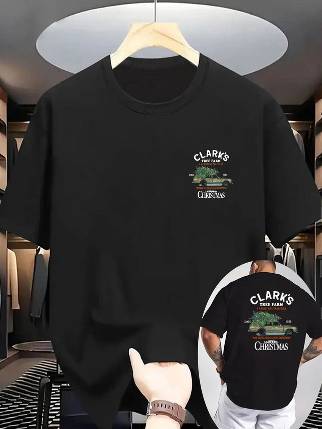 Men's Vintage Christmas Farm Graphic T-Shirt - White Short Sleeve Casual Shirt with Clark's Tree Farm & A Christmas Story Print PlatiNum