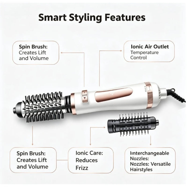 3-in-1 800W Rotating Hot Air Brush Hair Dryer Volumizer Adjustable Temperature Auto Rotation Styling Brush