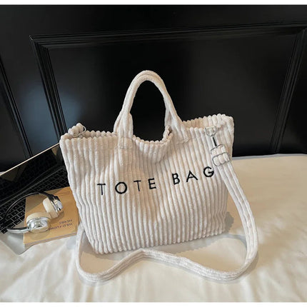 Large Capacity Striped Velvet Handbag Shoulder Bag for Woman Handbags Crossbody Bags, Versatile Letter Corduroy Women's Tote Bag PlatiNum