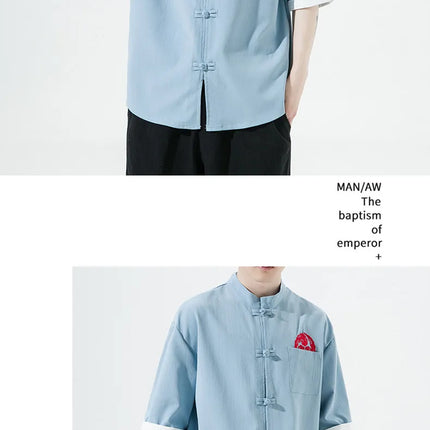 Camicie Retrò da Uomo Ricamate Stile Kung Fu Tai Chi, Camicie Casual a Maniche Corte, Stile Cinese in Lino Traspirante e Cotone per Uomo