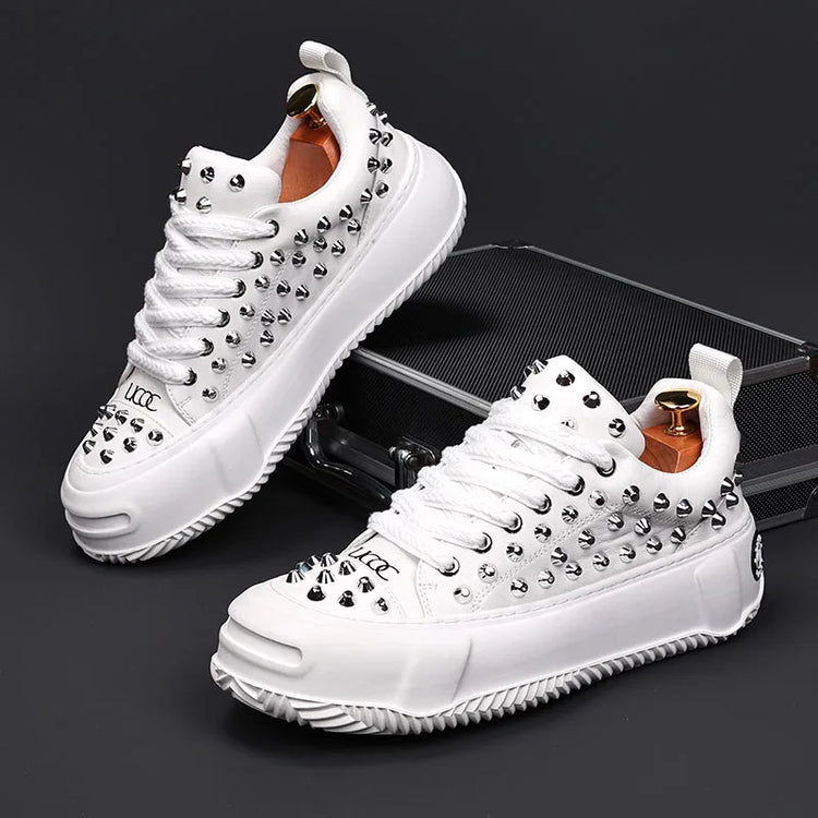 Luxury Designer Men's Punk Rivet Thick Bottom Lace Up Shoes Causal Flats Moccasins Male Rock Hip-hop Walking Sneakers