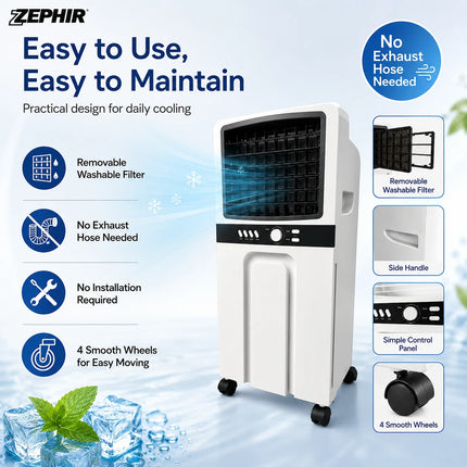 Raffrescatore d'Aria Portatile 6L 65W, Condizionatore Evaporativo a 3 Velocità con Ventola di Raffreddamento ad Acqua e Ruote per Casa, Camera da Letto, Ufficio