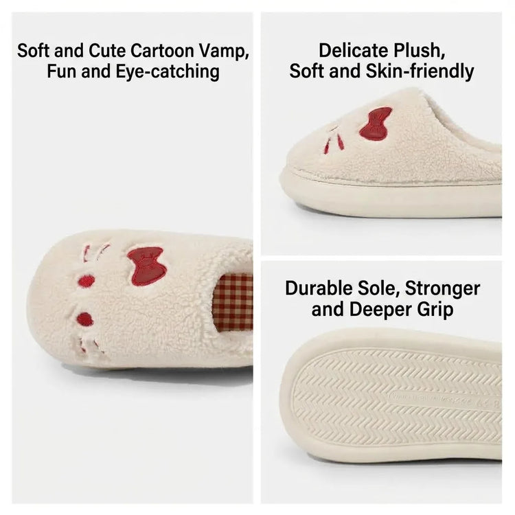 Cute Cat Winter Warm Slippers Women Men Fluffy Plush Home Shoes Red Bowknot Plaid Lining Indoor Bedroom Cotton Slides Mules New