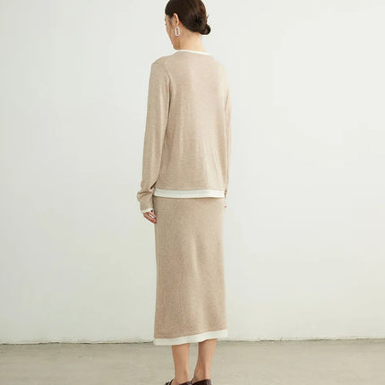 SuyaDream, Women Long Skirt, 32.4%Sheep Wool, Solid Woolen Knitted Skirts, 2024 Autumn Winter Warm Under Dress, Grey, Khaki PlatiNum