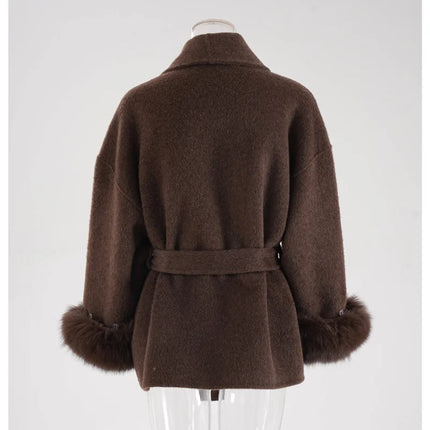UCXQ Elegant Woolen Coat Temperament Office Lady Overcoats Fur Patchwork Long Sleeve Beautiful Women's Coats 2025 Winter New