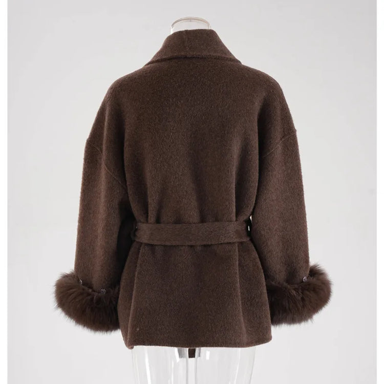 UCXQ Elegant Woolen Coat Temperament Office Lady Overcoats Fur Patchwork Long Sleeve Beautiful Women's Coats 2025 Winter New