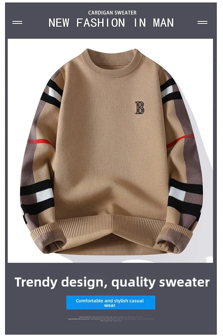 round Neck Knitted Sweater Autumn Winter Men's Fashion Thickened Long Sleeve Leisure Comfortable Fit Youthful Style Polyester...