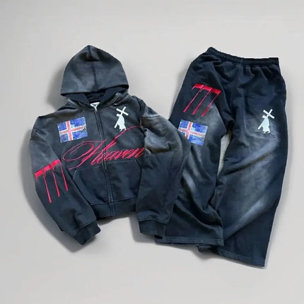 American Retro Streetwear Men's Suit Two-piece Set Goth Harajuku Zipper Hoodie High Street Trendy Casual Sports Suit Sweatshirt PlatiNum