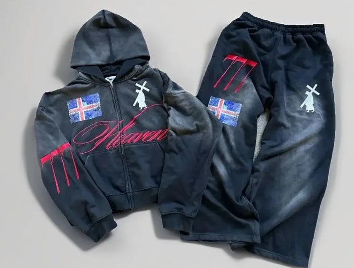 American Retro Streetwear Men's Suit Two-piece Set Goth Harajuku Zipper Hoodie High Street Trendy Casual Sports Suit Sweatshirt PlatiNum