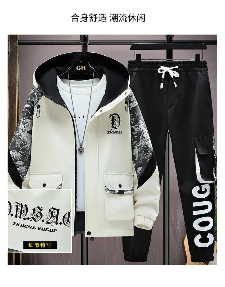 2025 Men Tracksuit Casual Joggers Hooded Sportswear Jackets Pants 2 Piece Sets Hip Hop Running Sports Suit