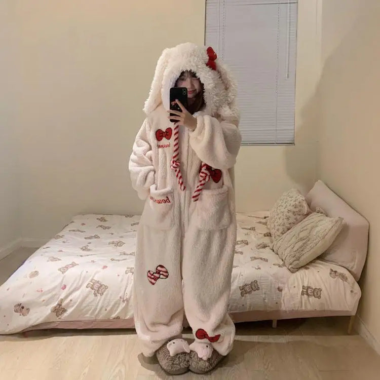 Thick Winter Pajamas Cute Coral Fleece Hooded Pajamas Y2K Kawaii Rabbit Anime Women's Pajamas Cartoon Warm Home Clothesnew Model