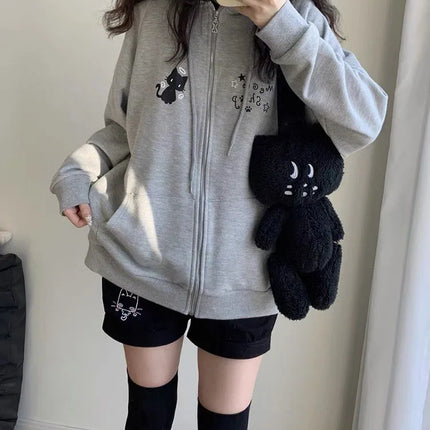 Ropa Mujer Japanese Cute Hoodies Coats Cute Cat Print Hooded Sweatshirts Y2K Tops Women Clothing Casual Zipper Loose Hoodie