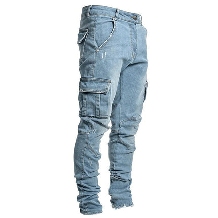 Street Elastic Jeans Men Denim Cargo Pants Wash Solid Color Multi Pockets Casual Mid Waist Trousers Slim Fit Daily Wear Joggers PlatiNum