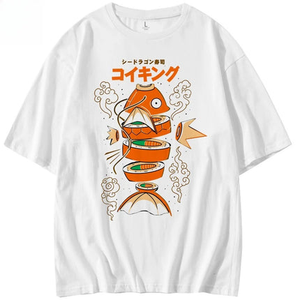 Stile giapponese Pokemon King Carp Magikarp Sushi Sashimi T-shirt in puro cotone a maniche corte T-shirt estiva da uomo e da donna allentata