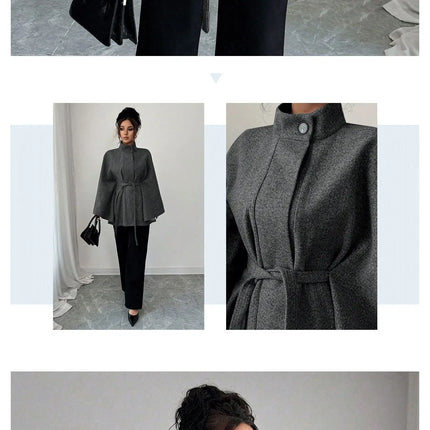 Wool Coat Women Autumn Winter Woolen Jacket Batwing Sleeve Button Lace Up Blends Turtleneck Overcoat Office Lady Outerwear