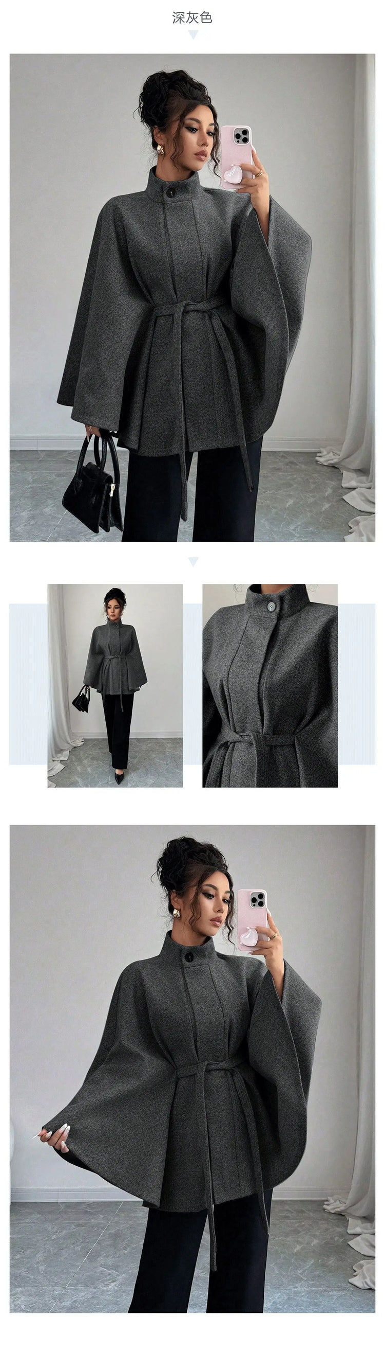 Wool Coat Women Autumn Winter Woolen Jacket Batwing Sleeve Button Lace Up Blends Turtleneck Overcoat Office Lady Outerwear