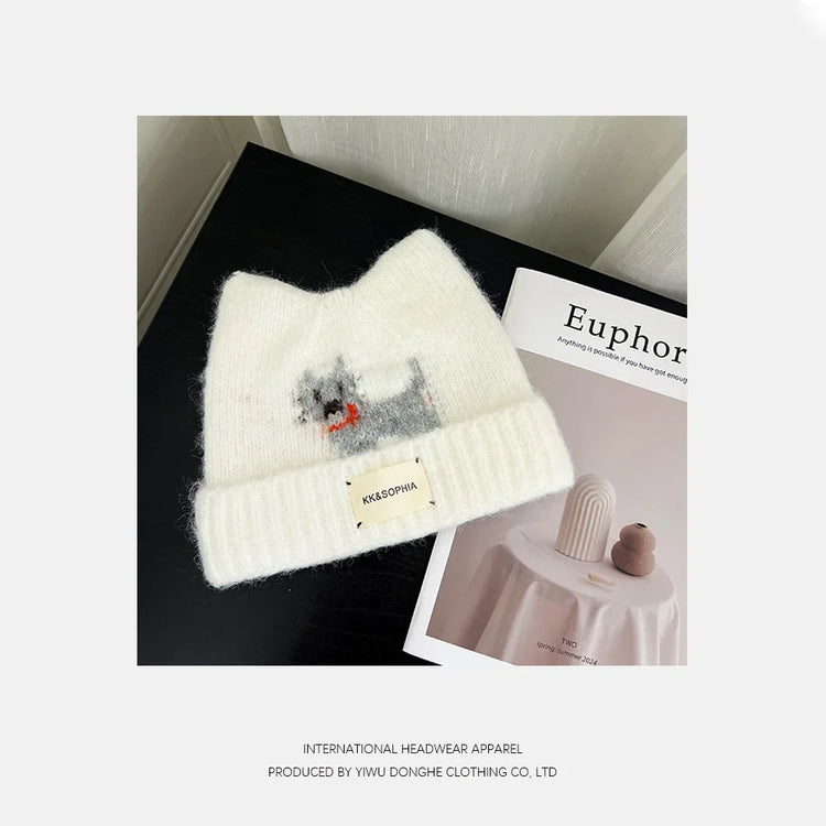 Cute Cartoon Kitten Ear Woolen Cap for Women Warm Cold-proof Autumn Winter Puppy Pattern Knitted Hat Fashion Sweet Crochet hats