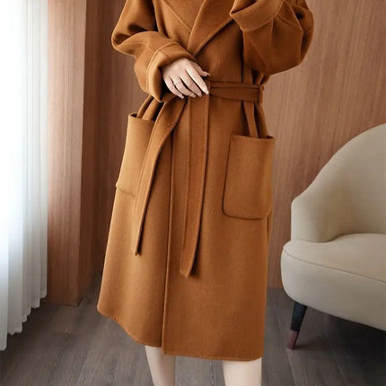 100% Wool Coat Women's Wear 2026 Autumn/Winter Fashion Temperament Double sided Cashmere Coats with Belt Elegant Long Overcoat