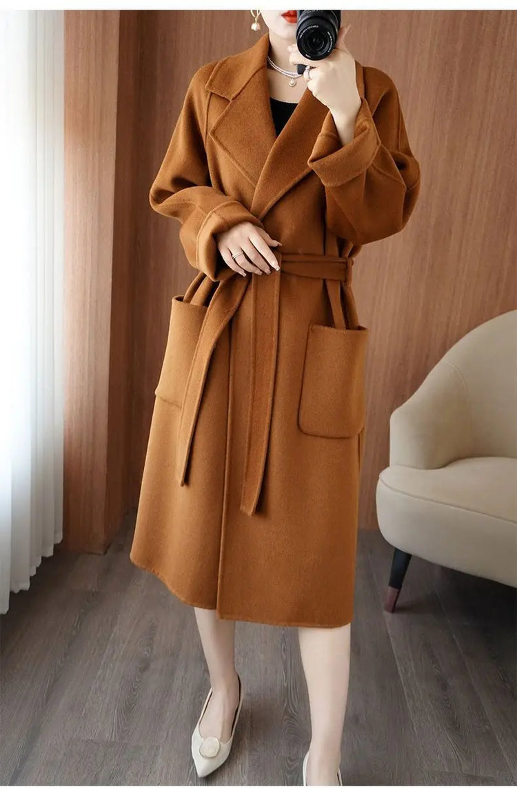 100% Wool Coat Women's Wear 2026 Autumn/Winter Fashion Temperament Double sided Cashmere Coats with Belt Elegant Long Overcoat