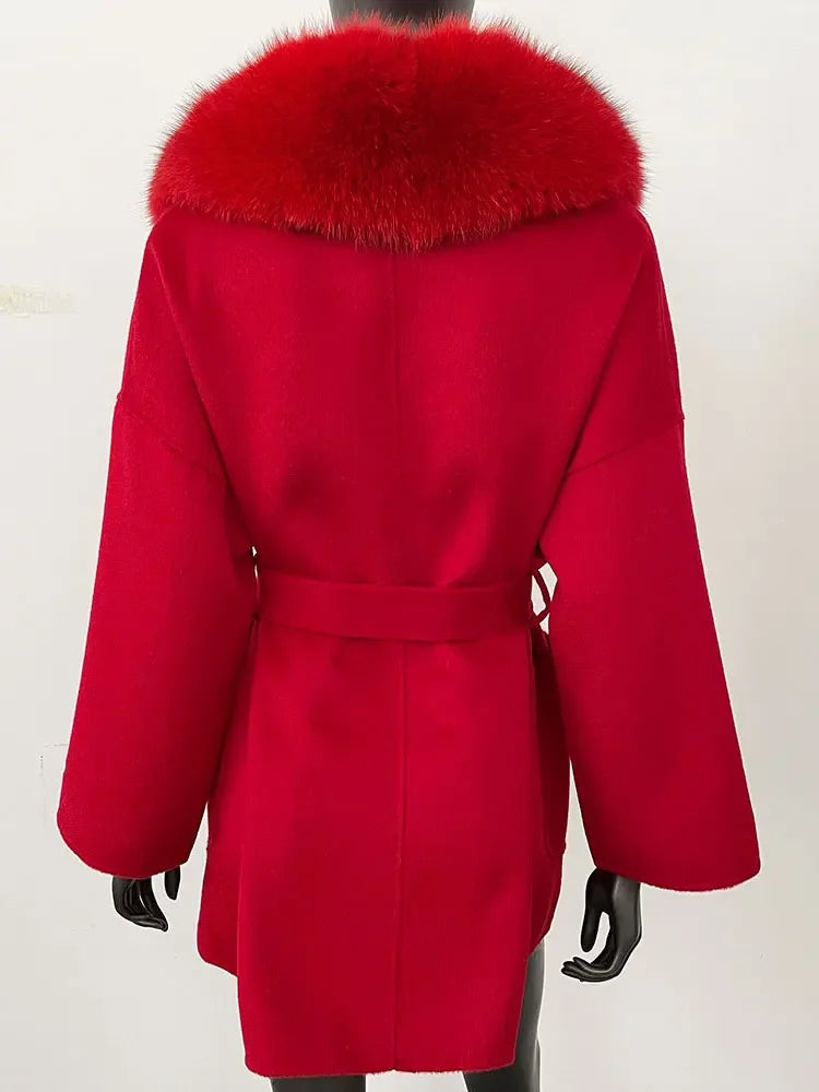 CXFS 2025 Winter Fashion Women Double-sided Wool Cashmere Coat with Detachable Natural Fox Fur Collar New design suit collar
