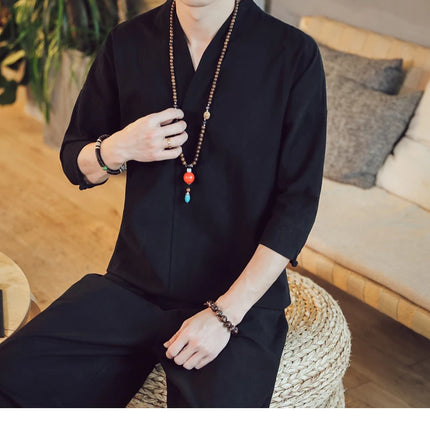Kimono da uomo in stile giapponese corto a mezza manica in cotone traspirante camicia da uomo T-shirt giapponese estiva Yukata cardigan lavorato a maglia con piume