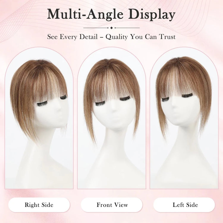 Brown Real Human Hair Toppers with Air Bangs 8inch Hairs Topper Hand-Tied Lace Base 360° Coverage for Women with Thinning Hair