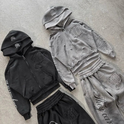 Retro hip hop Y2K street distressed color ripped design casual loose couple set trendy punk high street gothic fashion coat PlatiNum