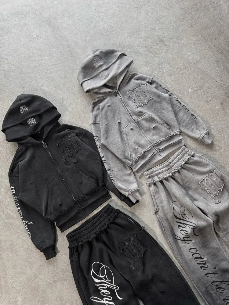 Retro hip hop Y2K street distressed color ripped design casual loose couple set trendy punk high street gothic fashion coat PlatiNum