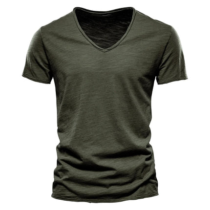 Men's 100% Cotton Branded Quality T-shirt V-Neck Fashion Design Slim Fit Solid Men's T-shirt Top Tees Short Sleeve T-shirt for Men