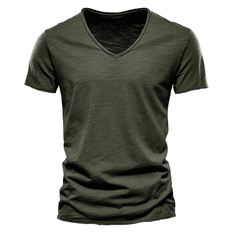 T-shirt da uomo in cotone 100% di qualità del marchio con scollo a V Fashion Design Slim Fit Soild T-shirt da uomo Top Tees T-shirt a maniche corte per uomo