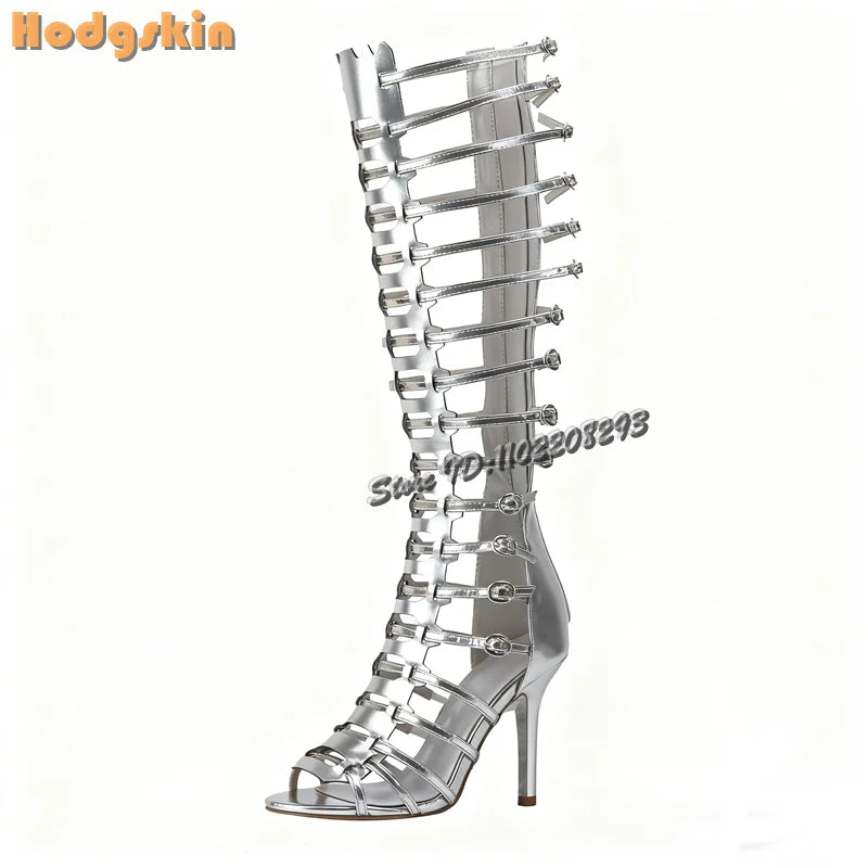 Retro Buckle Strap Roman Sandals Open Toe Back Zip Stiletto Knee-high Summer Boots 2026 New Fashion High Heeled Women Shoes