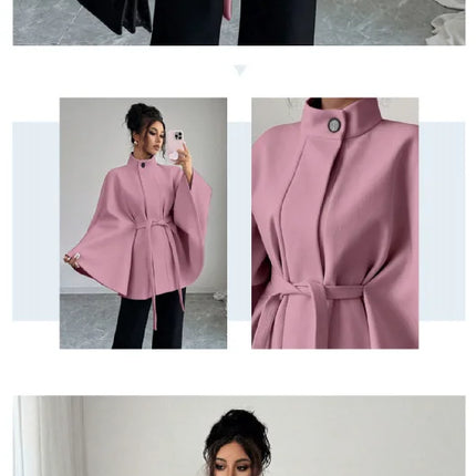 Wool Coat Women Autumn Winter Woolen Jacket Batwing Sleeve Button Lace Up Blends Turtleneck Overcoat Office Lady Outerwear