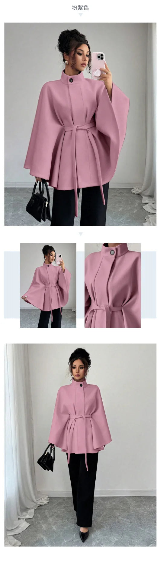 Wool Coat Women Autumn Winter Woolen Jacket Batwing Sleeve Button Lace Up Blends Turtleneck Overcoat Office Lady Outerwear