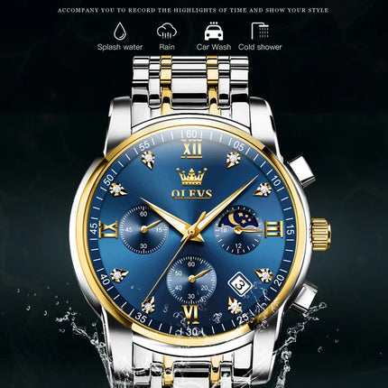 OLEVS 2858 Orologio da Uomo in Acciaio Inossidabile, Impermeabile, Antigraffio, con Fasi Lunari, Luminoso, Cronografo, Orologio da Polso al Quarzo di Lusso platinumshop