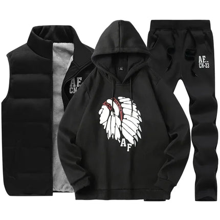 3 Pieces Set Hoodies+Vest+Pants Casual Men's Track Suit Clothing Coats Winter Thick Warm Tracksuit for Men Printed Mens Set Vest