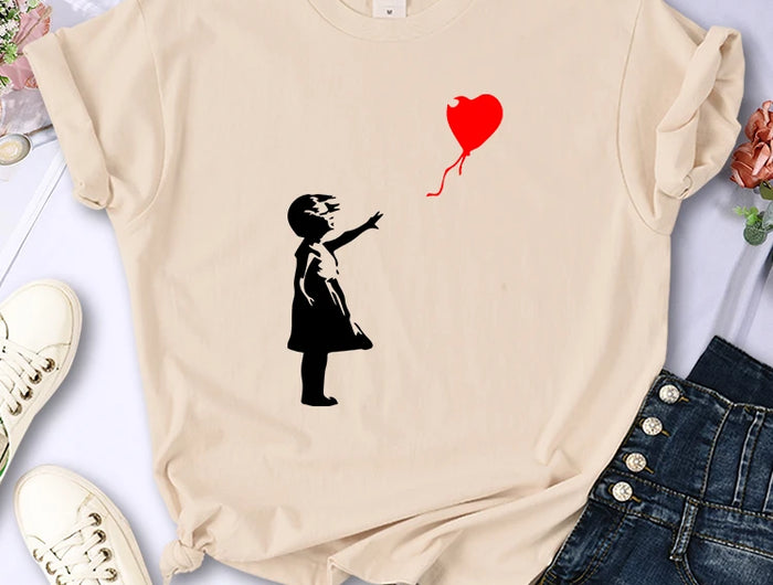 Fly Amore Ballons Imprimés T-shirt Femme Doux et Respirant Manches Courtes Street Hip Hop Tendance Tops Décontractés T-shirt Féminin Vêtements