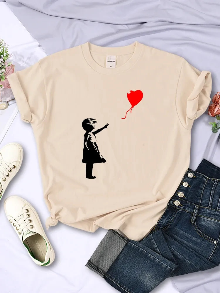 Fly Amore Palloncini Stampe T-shirt da donna Morbida e traspirante Manica corta Street Hip Hop Trend Top Casual T-shirt femminile Abbigliamento