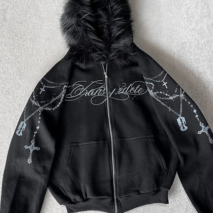 Winter Fashion Streetwear Women's Gothic Punk Faux Fur Hooded Jacket With Cross Print Trendy Edgy Zip - Up Sweatshirt 2026 New
