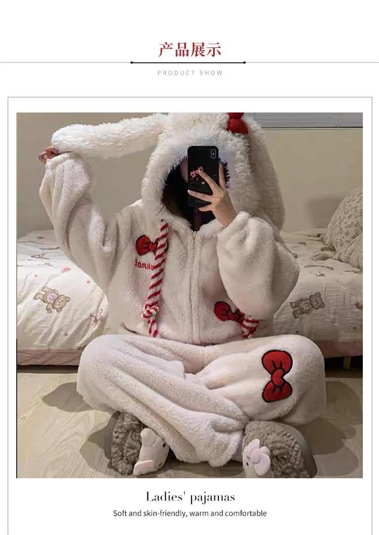 Women Cute Rabbit Ear Hooded Onepiece Pajamas Coral Fleece Zipper Jumpsuit Bow Decor Warm Fluffy Loose Sleepwear Home Loungewear