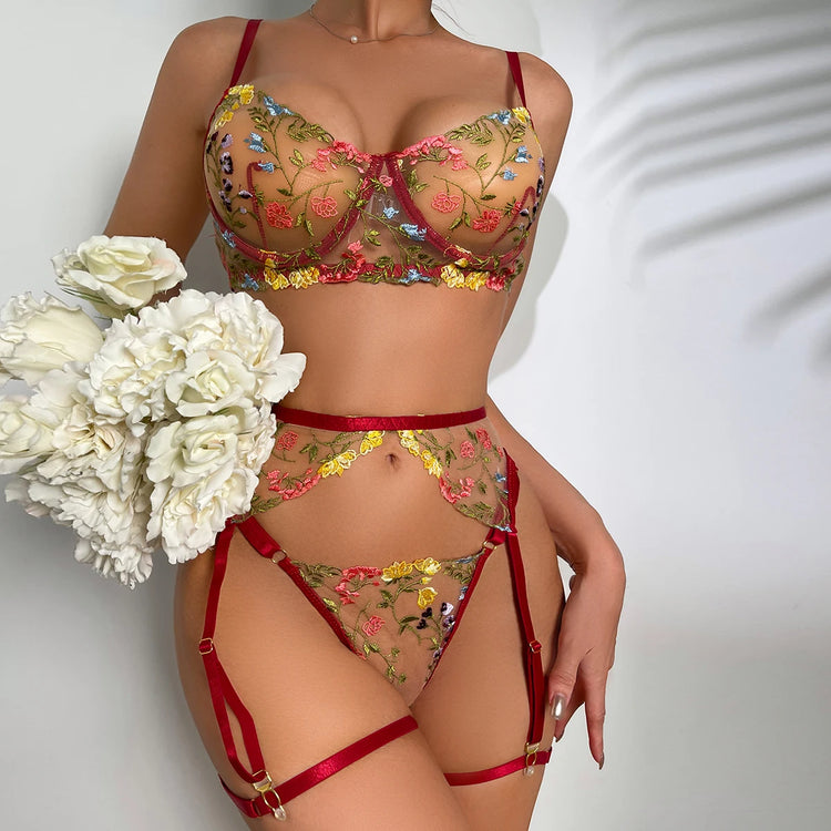 Krasapt Sexy Lace Embroidery 3-Piece Sets Transparent Sensual Fancy Beautiful Bra Brief Set Attractive Intimate Bilizna Outfits