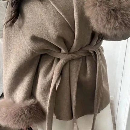 Elegant Lace Up Woolen Short Coat Solid Loose Lapel Furry Long Sleeve Belt Waist Jacket 2026 Spring Autumn Lady Chic Cardigan