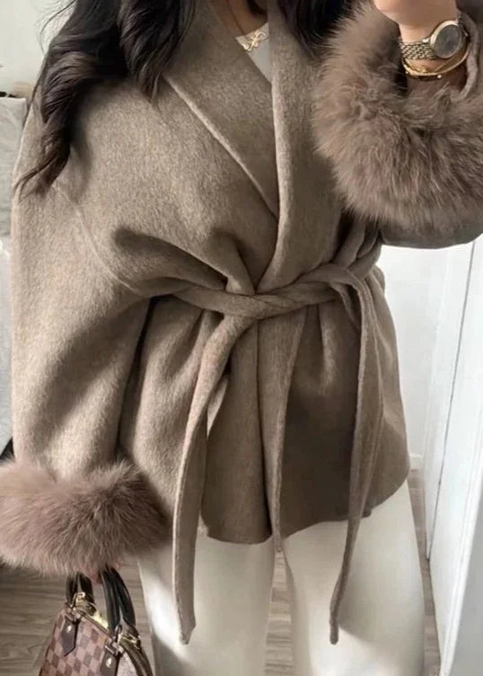 Elegant Lace Up Woolen Short Coat Solid Loose Lapel Furry Long Sleeve Belt Waist Jacket 2026 Spring Autumn Lady Chic Cardigan
